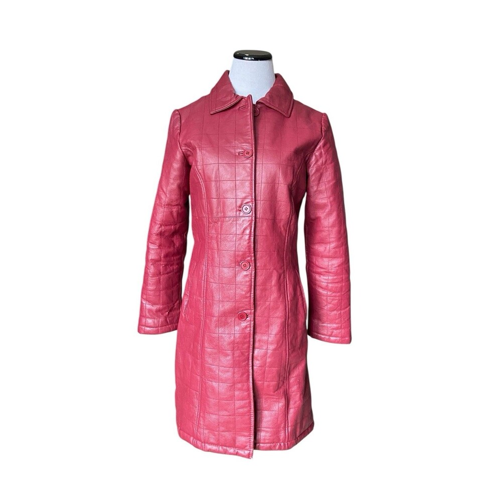 Vintage Spiegel Genuine‎ Leather Long Coat Womens Size 8 Red Quilted Y2K 70s 80s